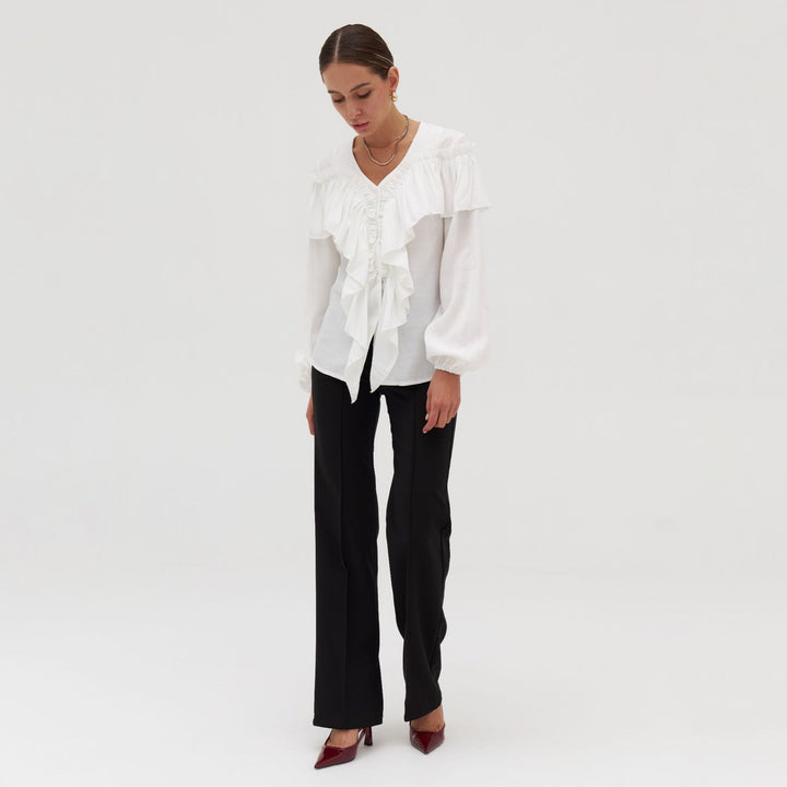 Women Elegant Blouse Top with Voluminous Ruffles and Flattering Cut Lune London