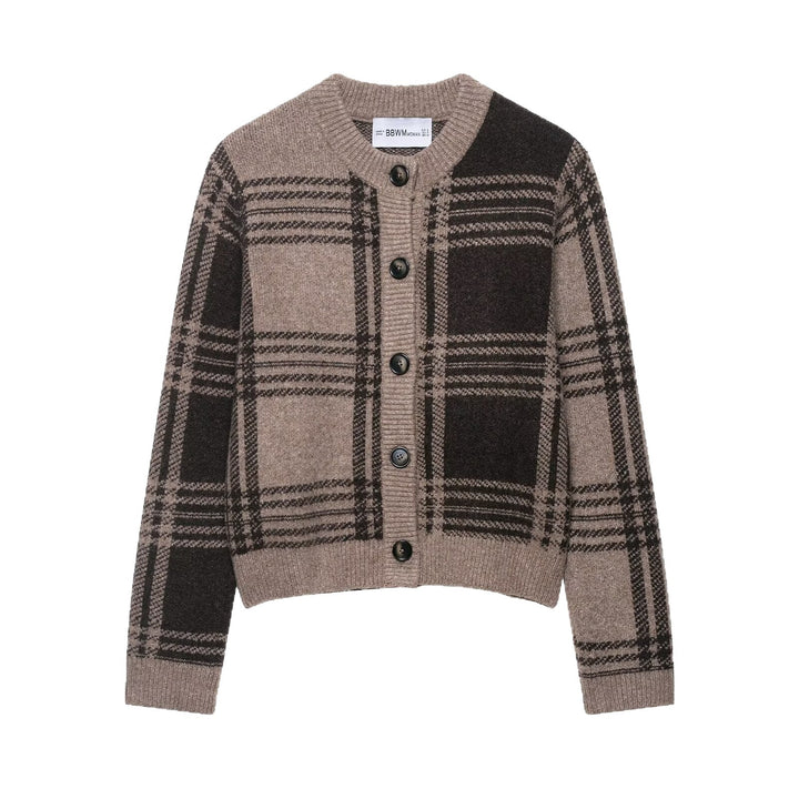 Ladies checkered cardigan with button placket and soft material Lune London