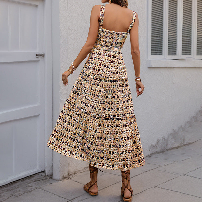 Midi ruffle dress inspired by bohemian style for women with adjustable spaghetti straps Lune London