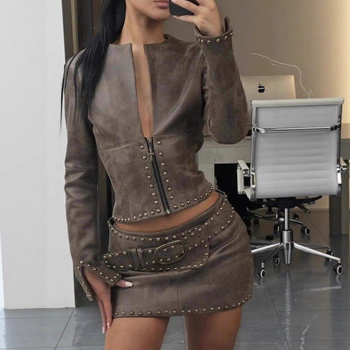 Fashion leather jacket for women with studs and a short skirt Lune London