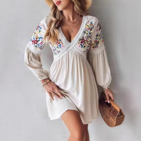 Airy summer dress for women with embroidered V-neck and long sleeves Lune London