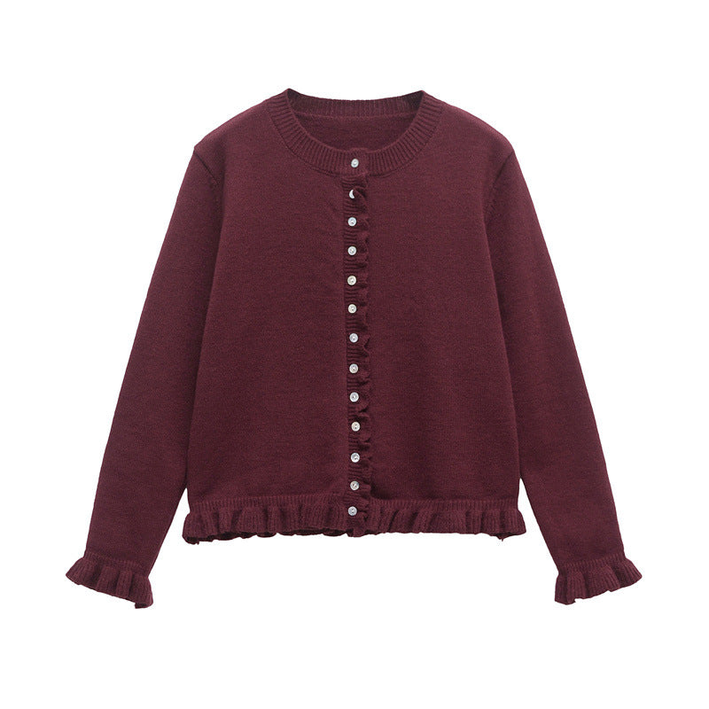 Casual knit jacket for women with ruffle details and a button closure Lune London