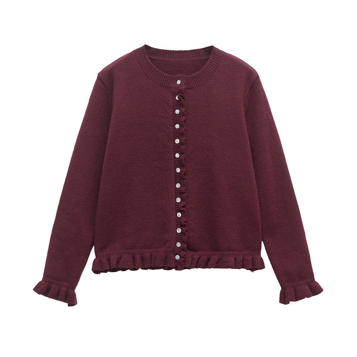 Casual knit jacket for women with ruffle details and a button closure Lune London