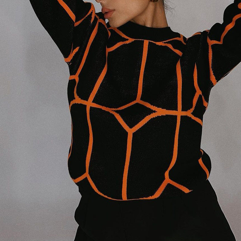 Ladies Elegant Knitted Sweater with Geometric Pattern and Round Neck Lune London