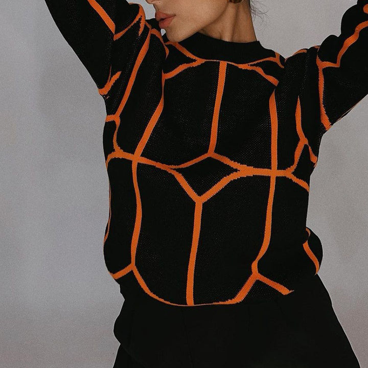 Ladies Elegant Knitted Sweater with Geometric Pattern and Round Neck Lune London