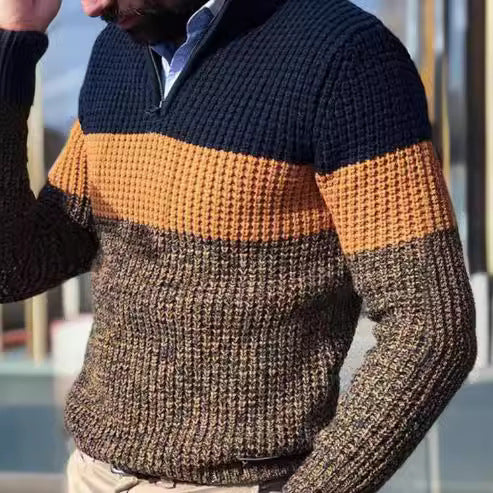 Men's Knitted Pullover with Textured Surface and Half Zipper Lune London