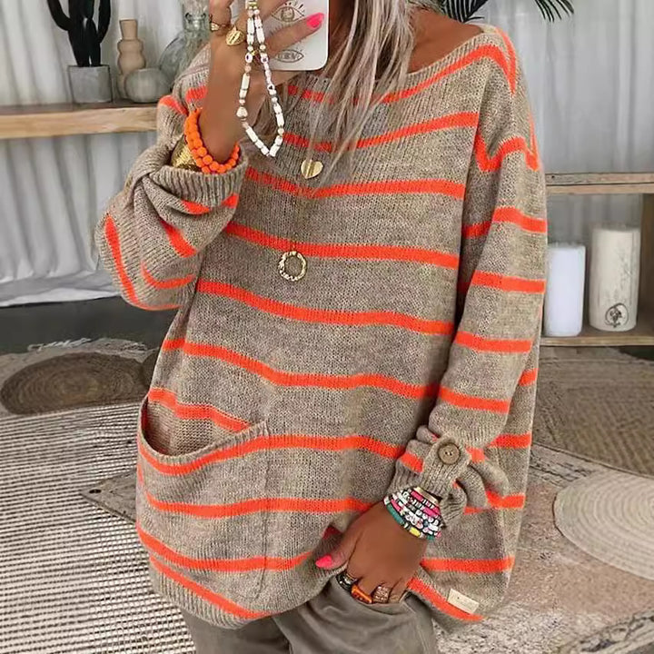Oversized knit sweater for women with stylish stripes and practical pockets Lune London