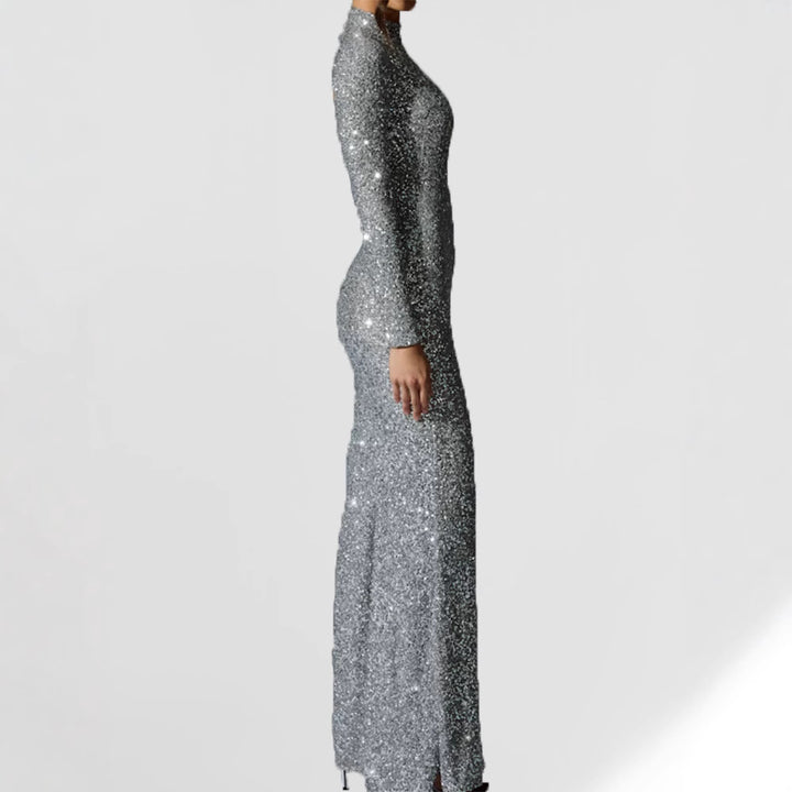 Women's Glamorous Evening Dress with Long Sleeve and Shimmering Slit