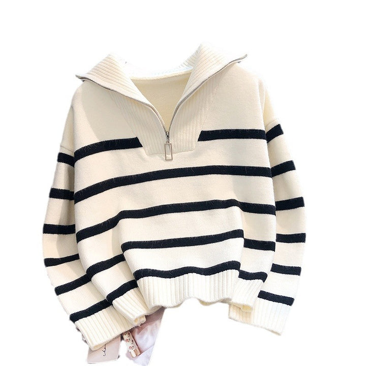 Women's turtleneck sweater with trendy zipper and striped pattern Lune London