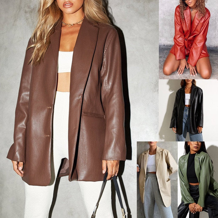 Women's Oversized Faux Leather Blazer Jacket Lune London