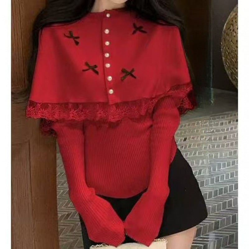 Blouse en tricot élégante pour femme avec bordure en dentelle et boutons décoratifs Chic & Stil