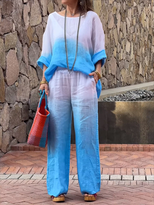 Casual linen outfit for women with wide pants and loose blouse Lune London