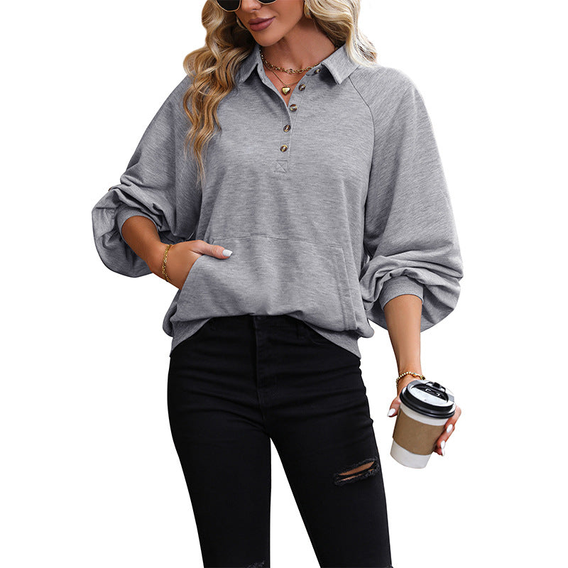 Womens long sleeve fleece sweater with button placket and balloon sleeves Lune London