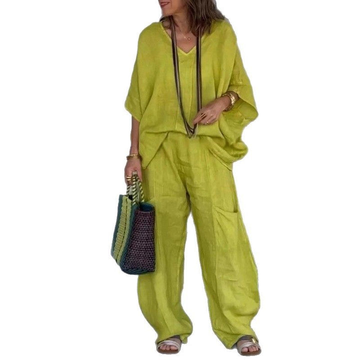 Women Casual Linen Outfit with Wide Legs and V-Neck Lune London