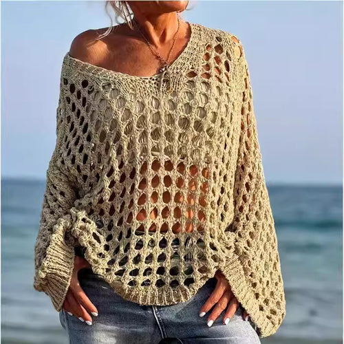 Knitted off-shoulder sweater for women with an airy structure in openwork stitches Lune London