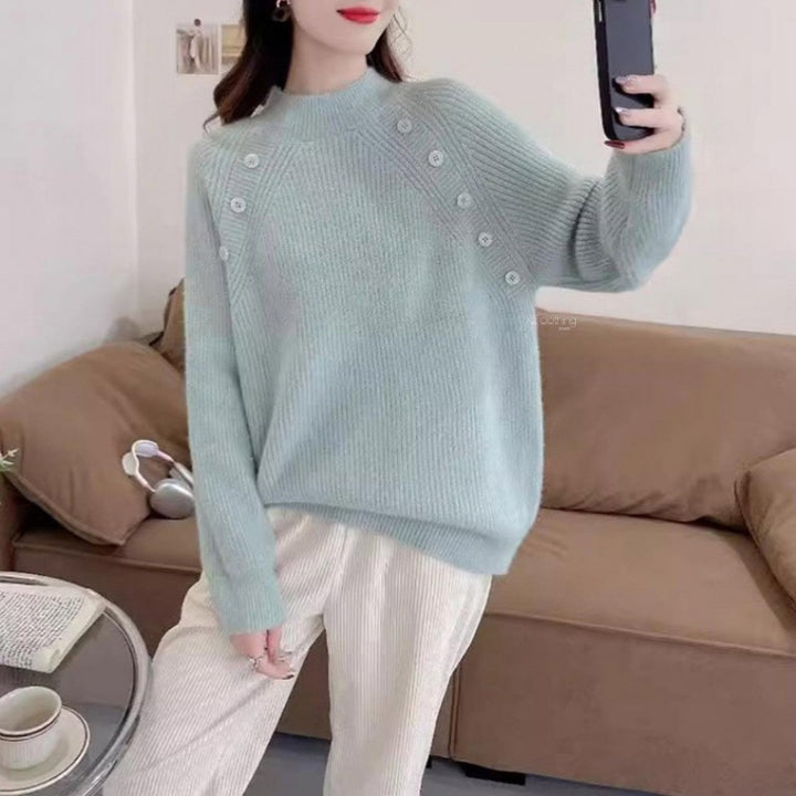 Chunky knit sweater for women with modern high collar and button details Lune London