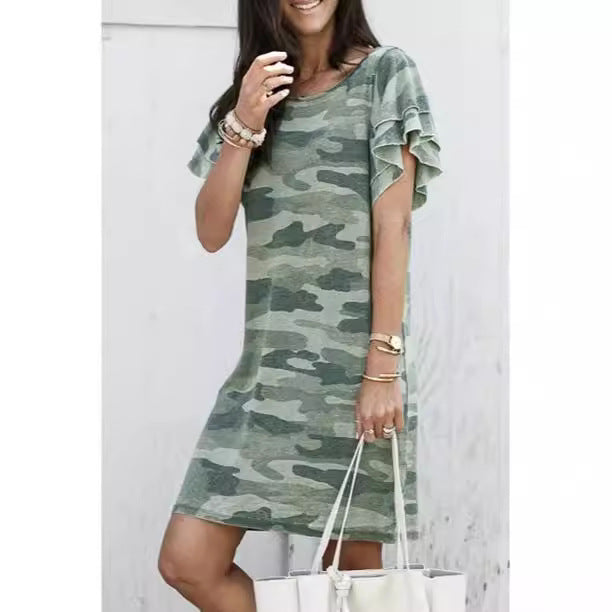 Leisure dress for women with ruffle details and camouflage design Lune London