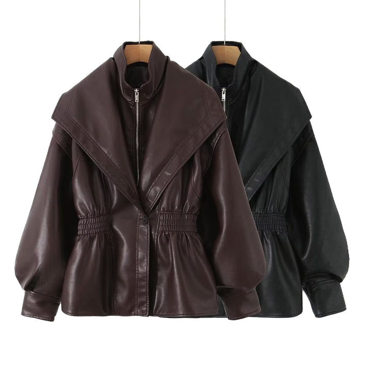 Faux leather jacket for women with asymmetrical collar and fitted cut Lune London