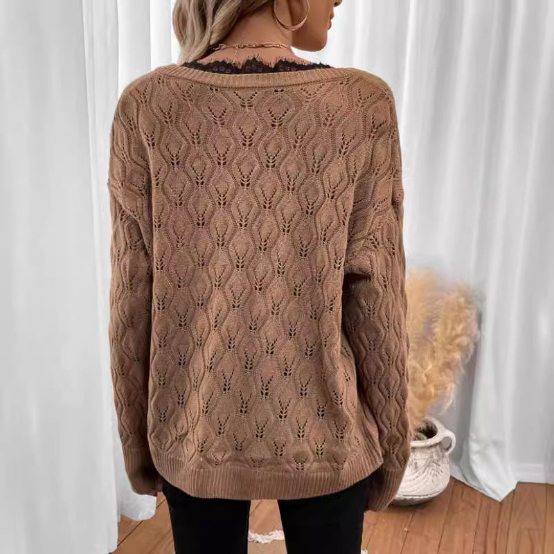 Knit sweater for women with elegant V-neck and fine lace structure Lune London