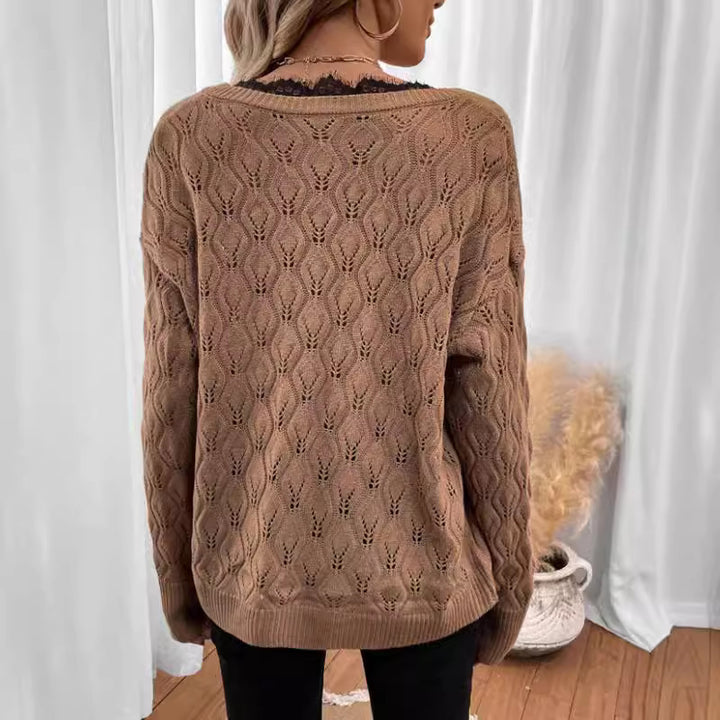Knit sweater for women with elegant V-neck and fine lace structure Lune London