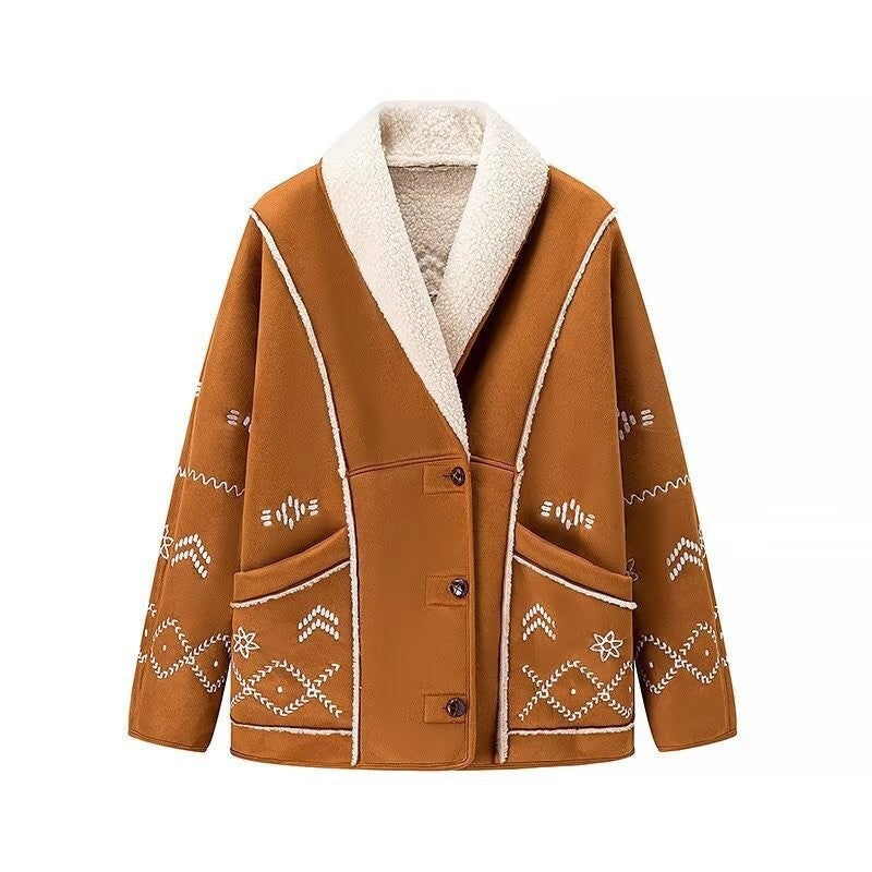 Veste teddy décontractée et chaude pour femmes avec broderie Chic & Stil