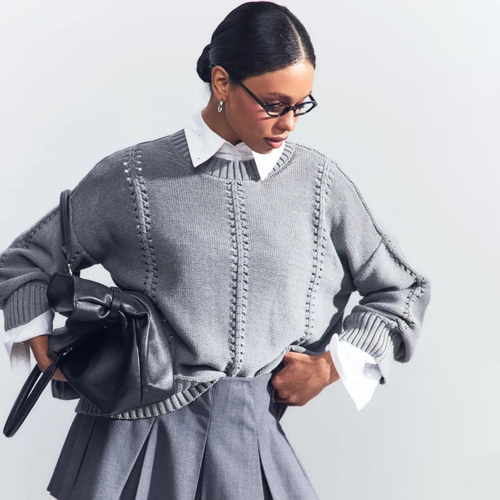 Pull en tricot décontracté pour femmes avec motif en dentelle fine et manches larges Chic & Stil