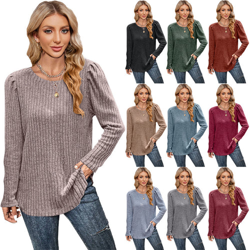 Knit sweater for women with puffed sleeves and fine rib pattern Lune London