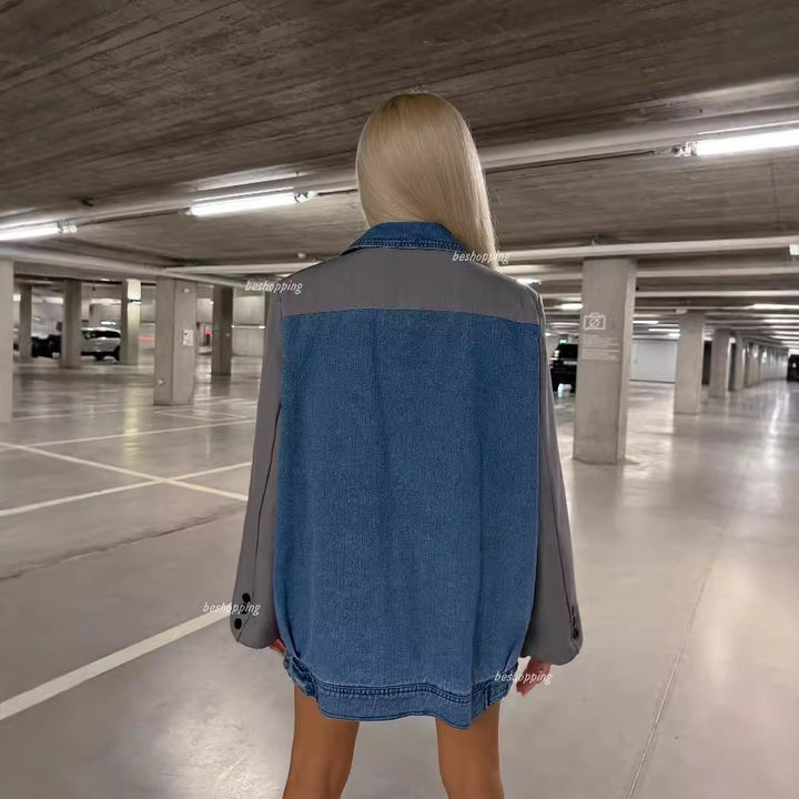 Modern blazer jacket for women with an innovative denim design and chic stylish details