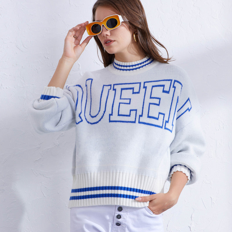 Sporty women’s sweater with high collar and trendy inscription Lune London