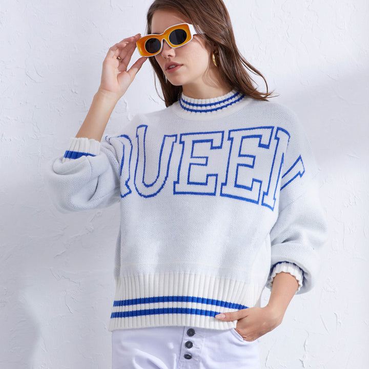 Sporty women’s sweater with high collar and trendy inscription Lune London