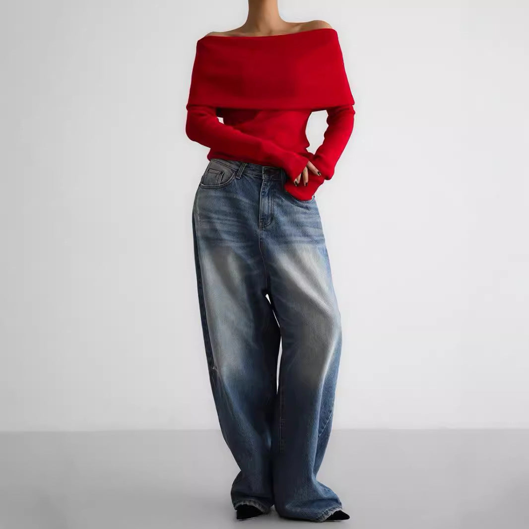 Ladies Elegant deep neckline top with smooth texture and flared sleeves Lune London