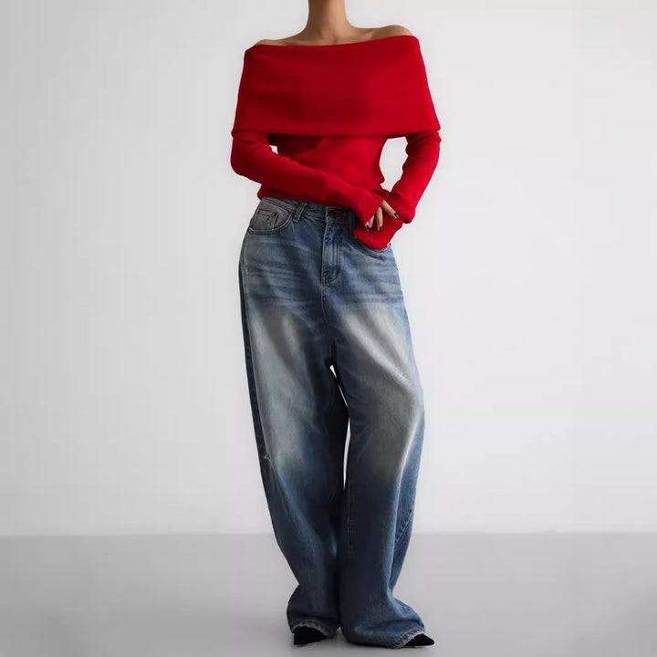 Ladies Elegant deep neckline top with smooth texture and flared sleeves Lune London