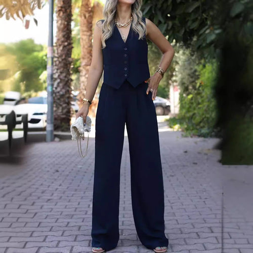 Lune London | Sleeveless V-neck Vest with Wide Leg Pants Ensemble