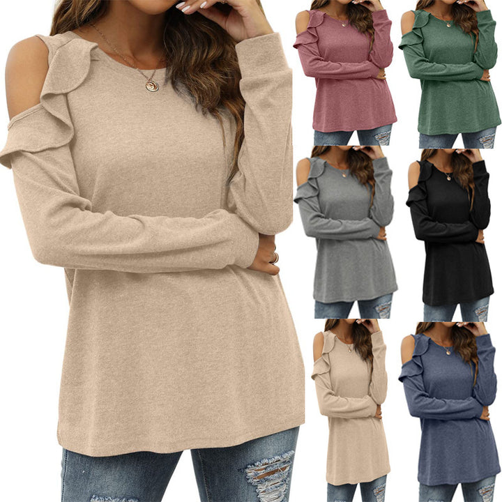 Long sleeve t-shirt for women with cut-out sleeves and ruffle detail Lune London