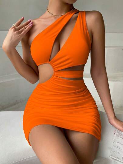 Short dress for women with asymmetric design and belt details Lune London