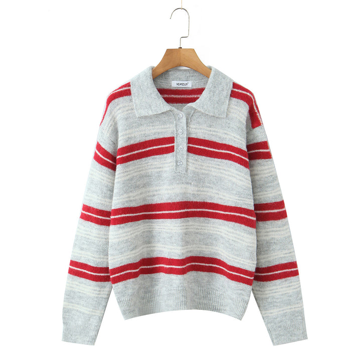Elegant knitted sweater for women with polo collar and striped pattern Lune London