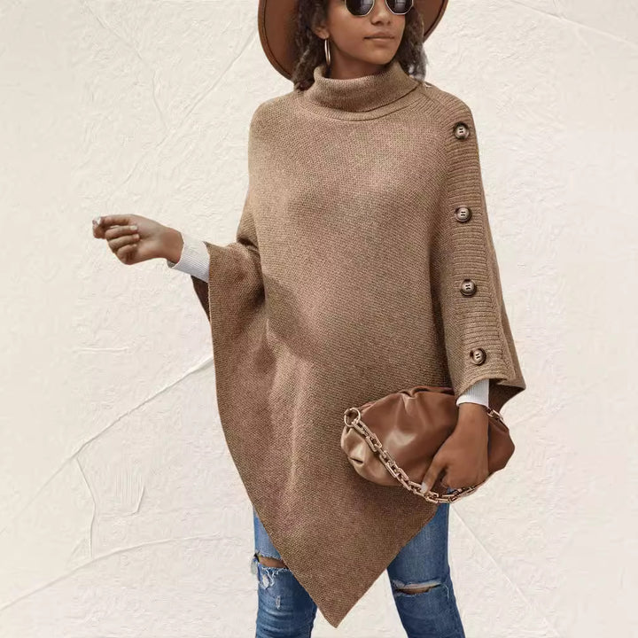 Elegant ladies poncho with high collar and decorative buttons Lune London