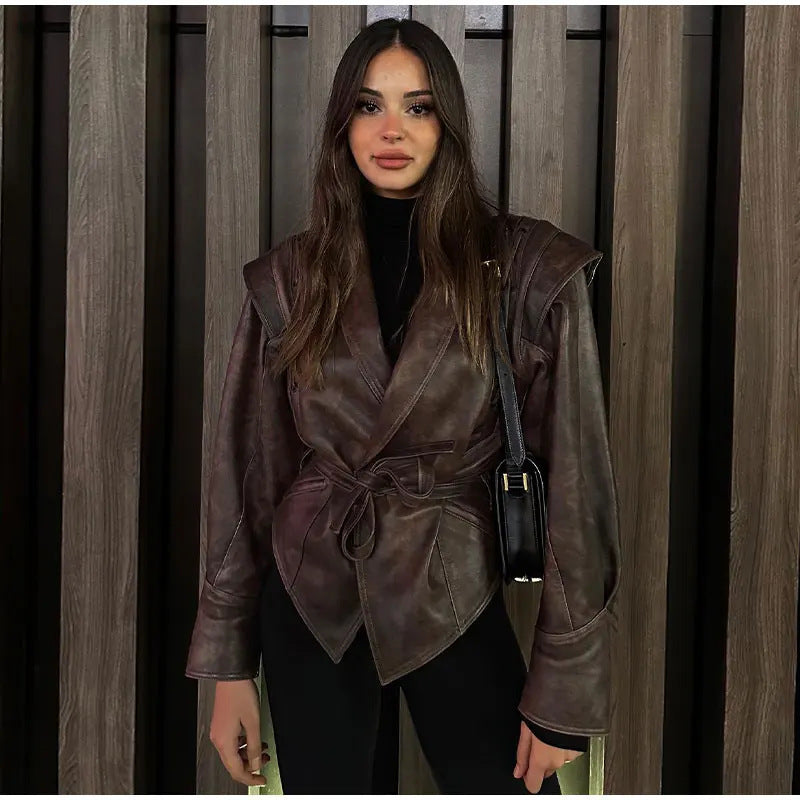 Feminine suede leather jacket with fitted cut and tie belt Lune London