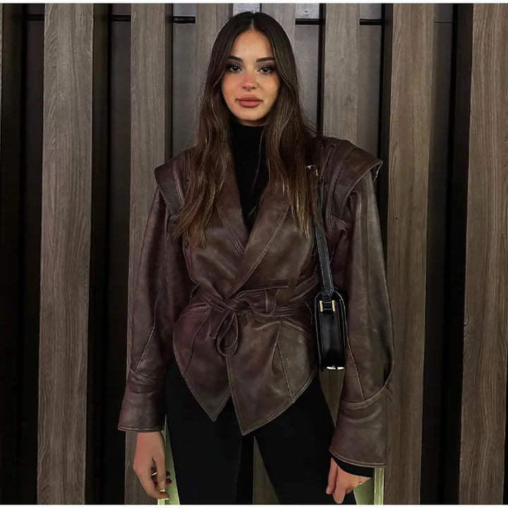 Feminine suede leather jacket with fitted cut and tie belt Lune London