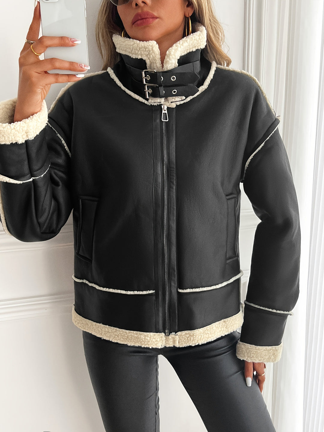 Stylish faux leather jacket for women with sheepskin collar Lune London