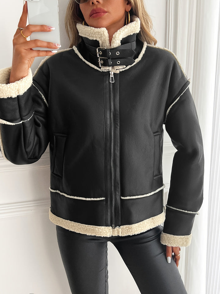 Stylish faux leather jacket for women with sheepskin collar Lune London