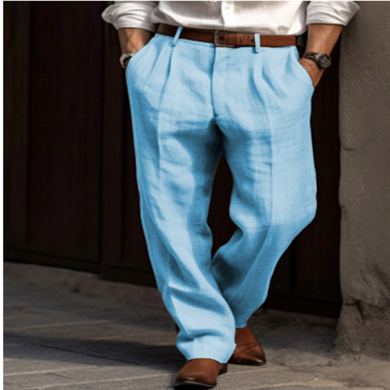 Pantalon en lin élégant pour hommes avec coupe slim et deux poches pratiques à ouverture italienne Lune London