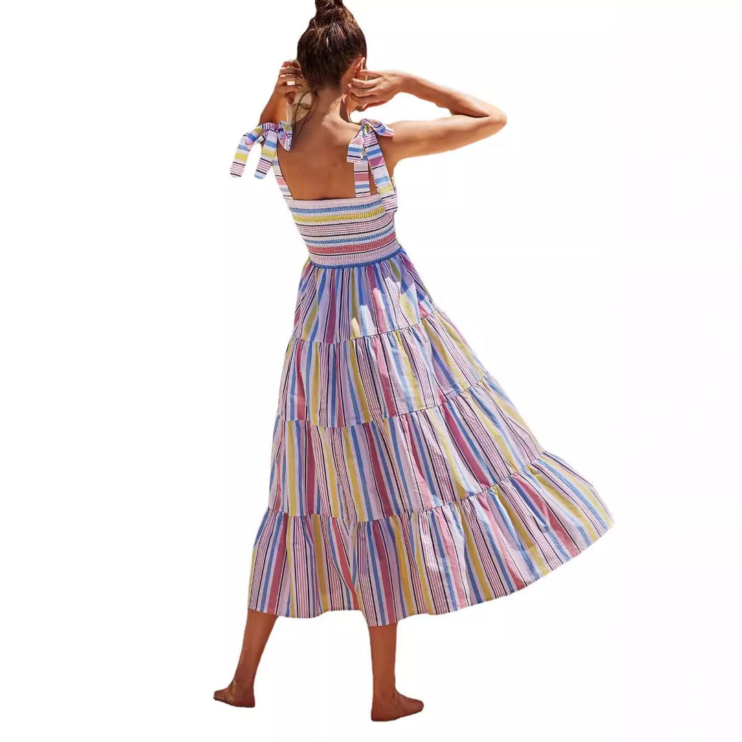 Chic & Stil Women's Airy Maxi Dress with Elastic Top and Striped Ruffles
