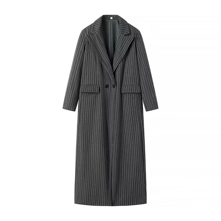 Women elegant long striped blazer with double-breasted buttons and side pockets Lune London