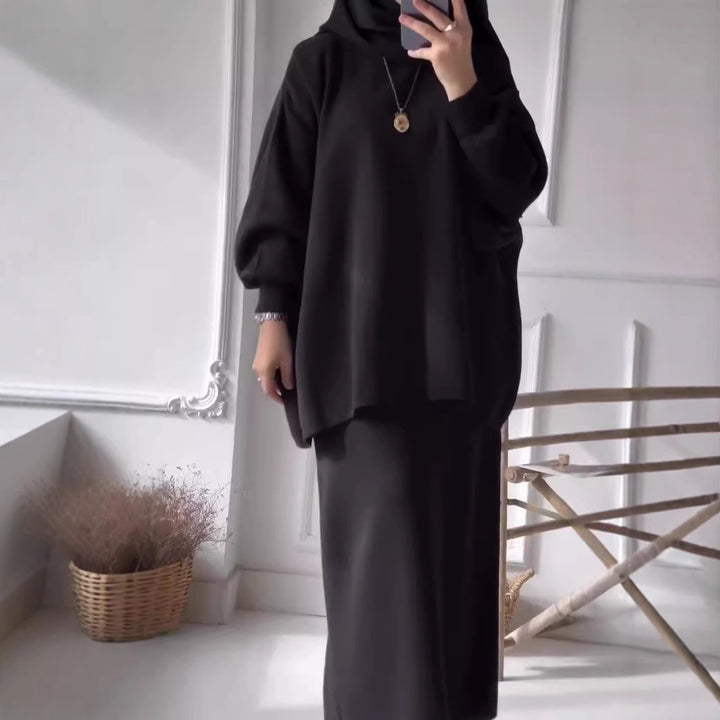 Elegant set for women made up of a casual sweater and a chic midi skirt.