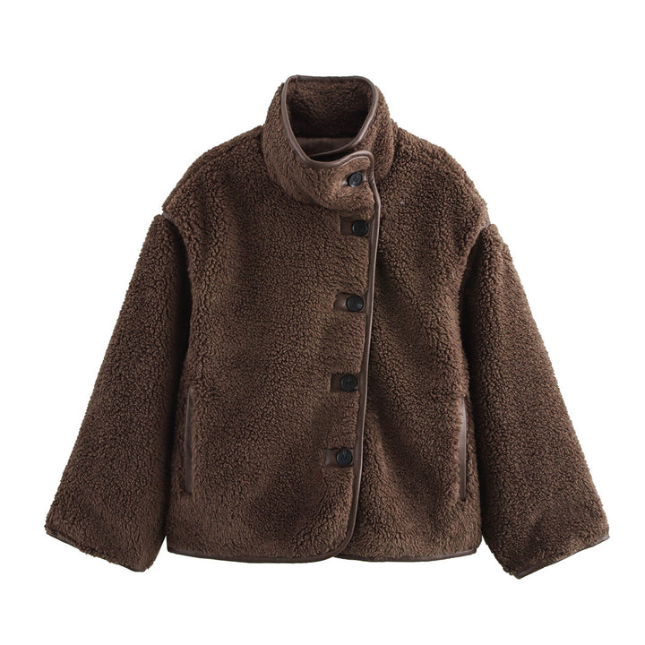 Ladies cozy fleece jacket with high collar and decorative button details Lune London