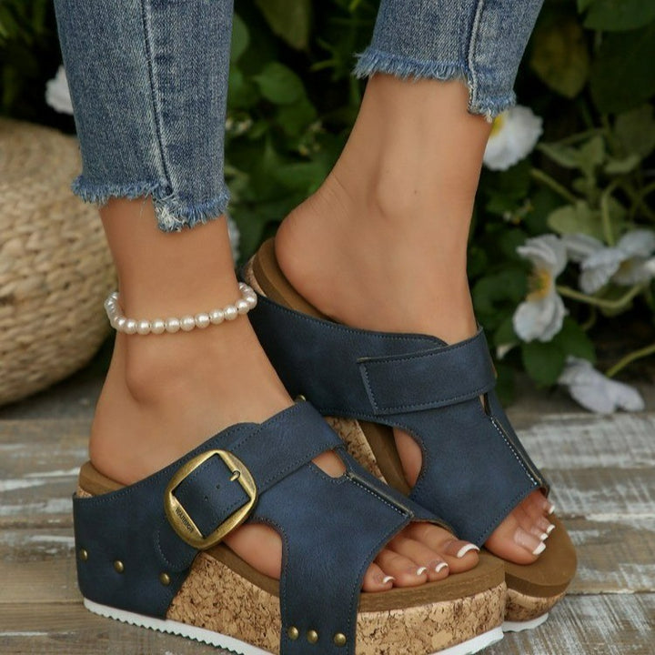Comfortable wedge sandals for women with adjustable strap and cork sole Lune London