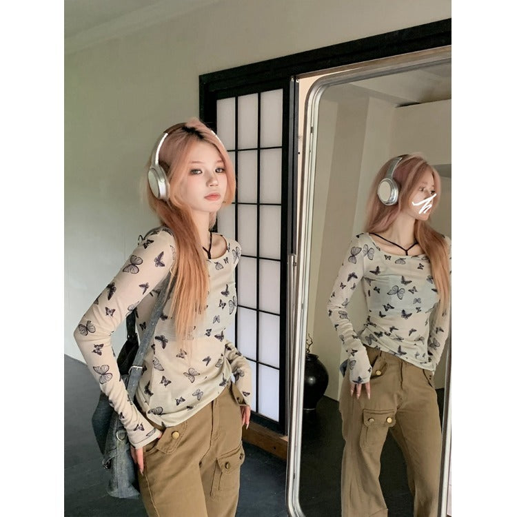 Ladies long sleeve shirt with fine butterfly pattern Chic & Stil