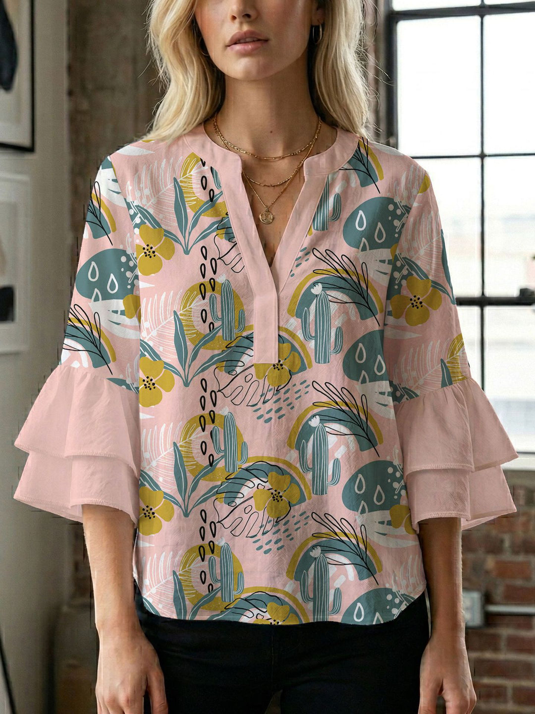 Women's blouse shirt with voluminous sleeves and creative print design Lune London