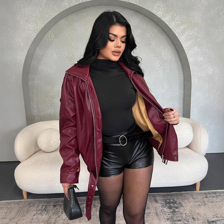Faux leather jacket for women with a fitted cut and a decorative belt Lune London